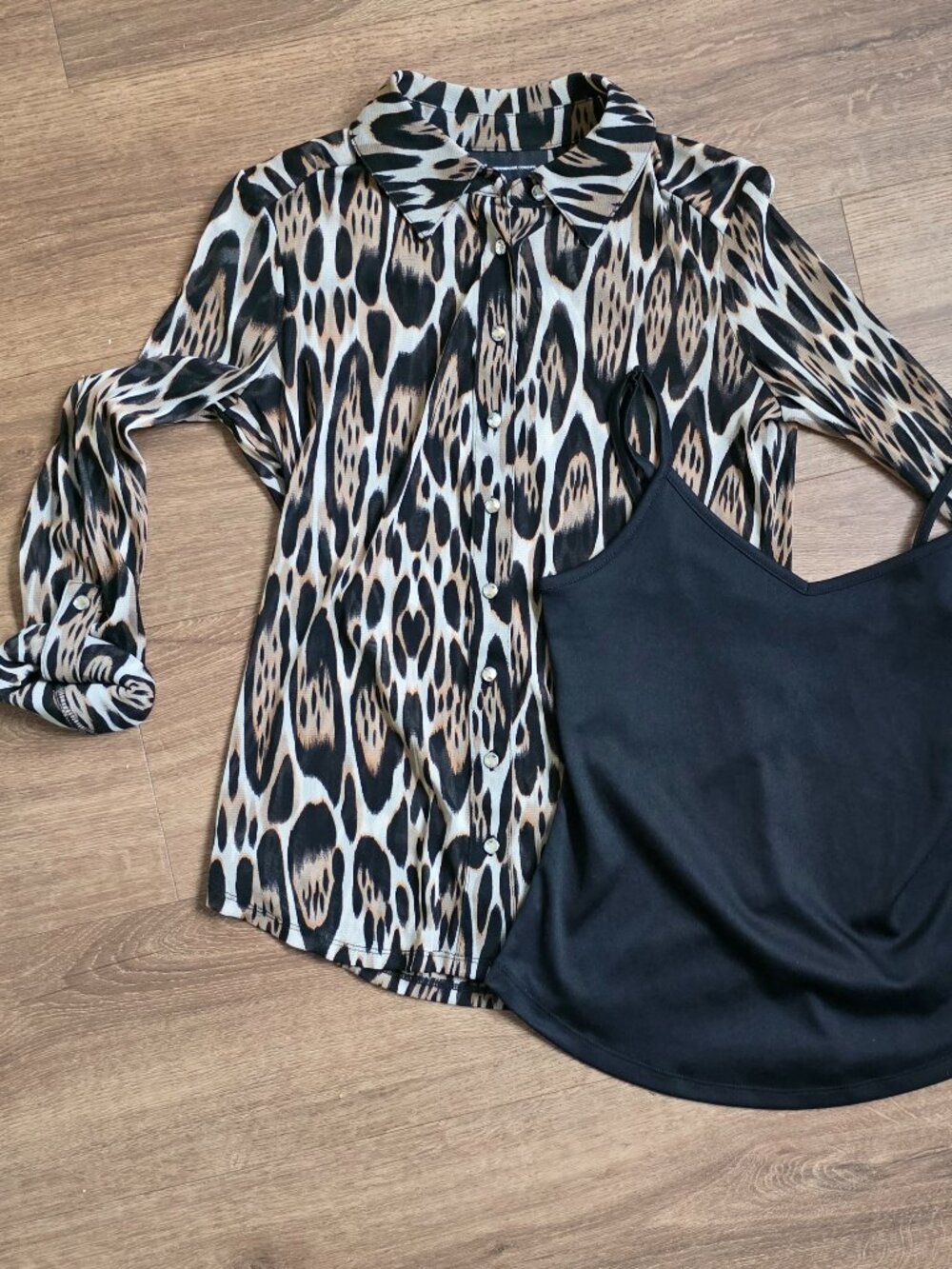INC Petite Animal Print Sheer Blouse Cami Set Women PS Button Front